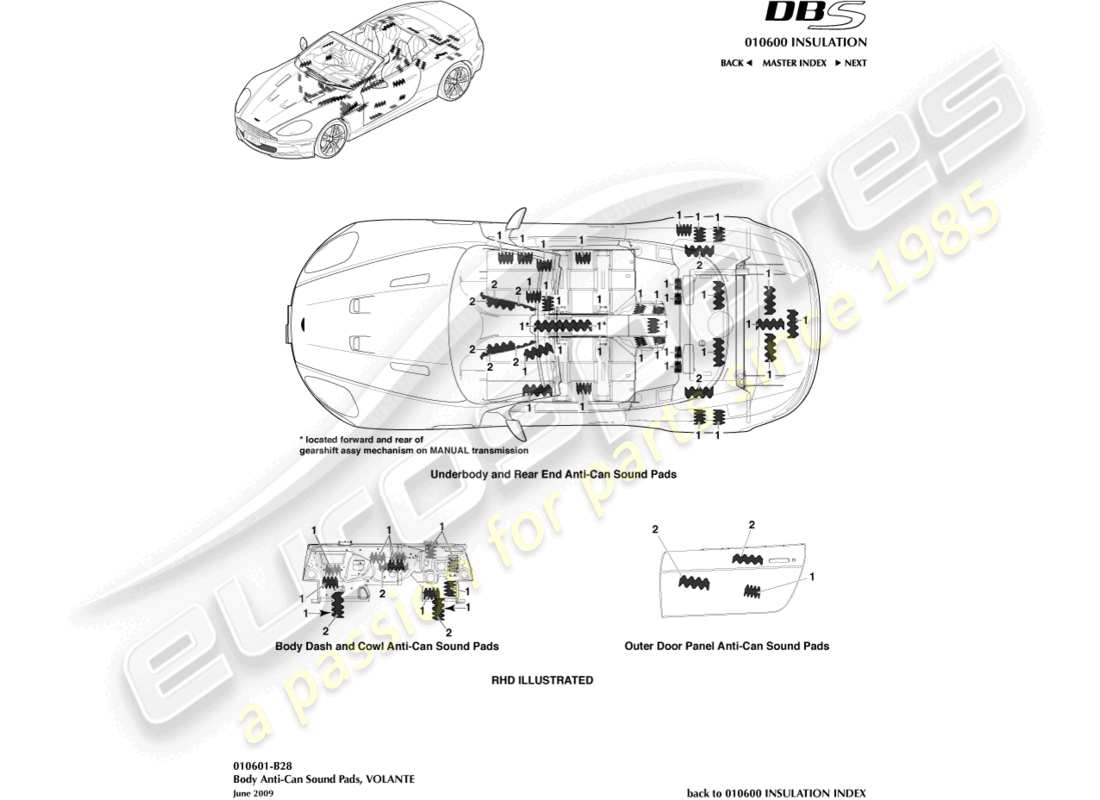 aston martin dbs (2007) anti-can sound pads, volante part diagram