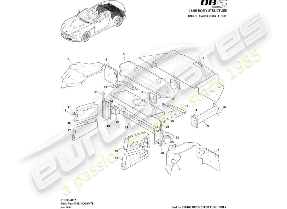 aston martin dbs (2007) body rear end, volante part diagram