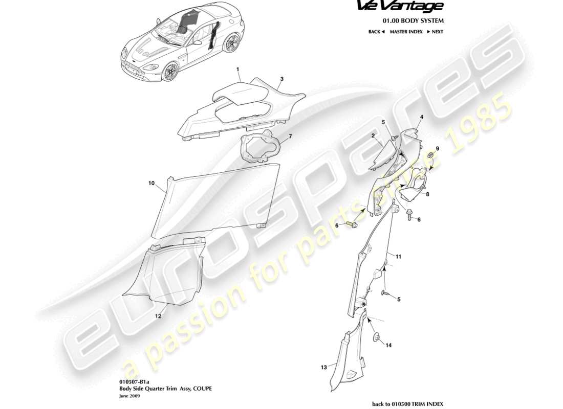 aston martin v12 vantage (2011) body side quarter trim, coupe part diagram