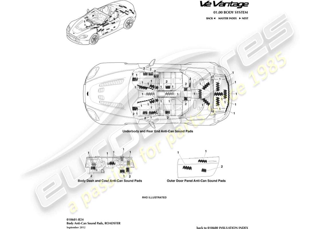 aston martin v12 vantage (2013) anti-can sound pads, roadster part diagram