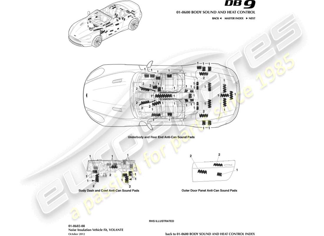 aston martin db9 (2016) noise insulation, volante part diagram