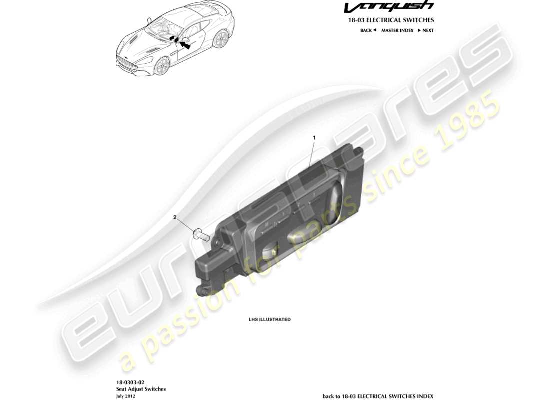 aston martin vanquish (2015) seat adjustment switches part diagram