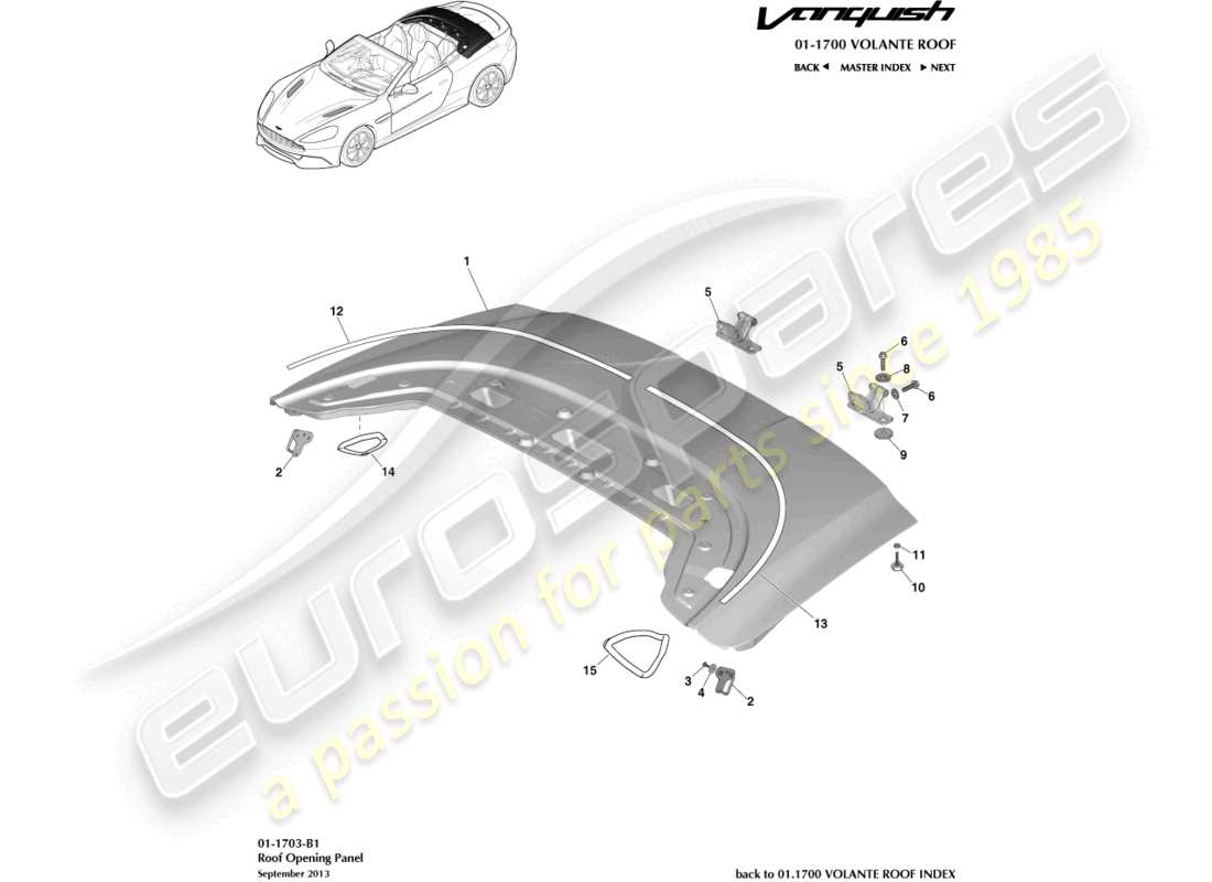aston martin vanquish (2015) roof opening panel part diagram
