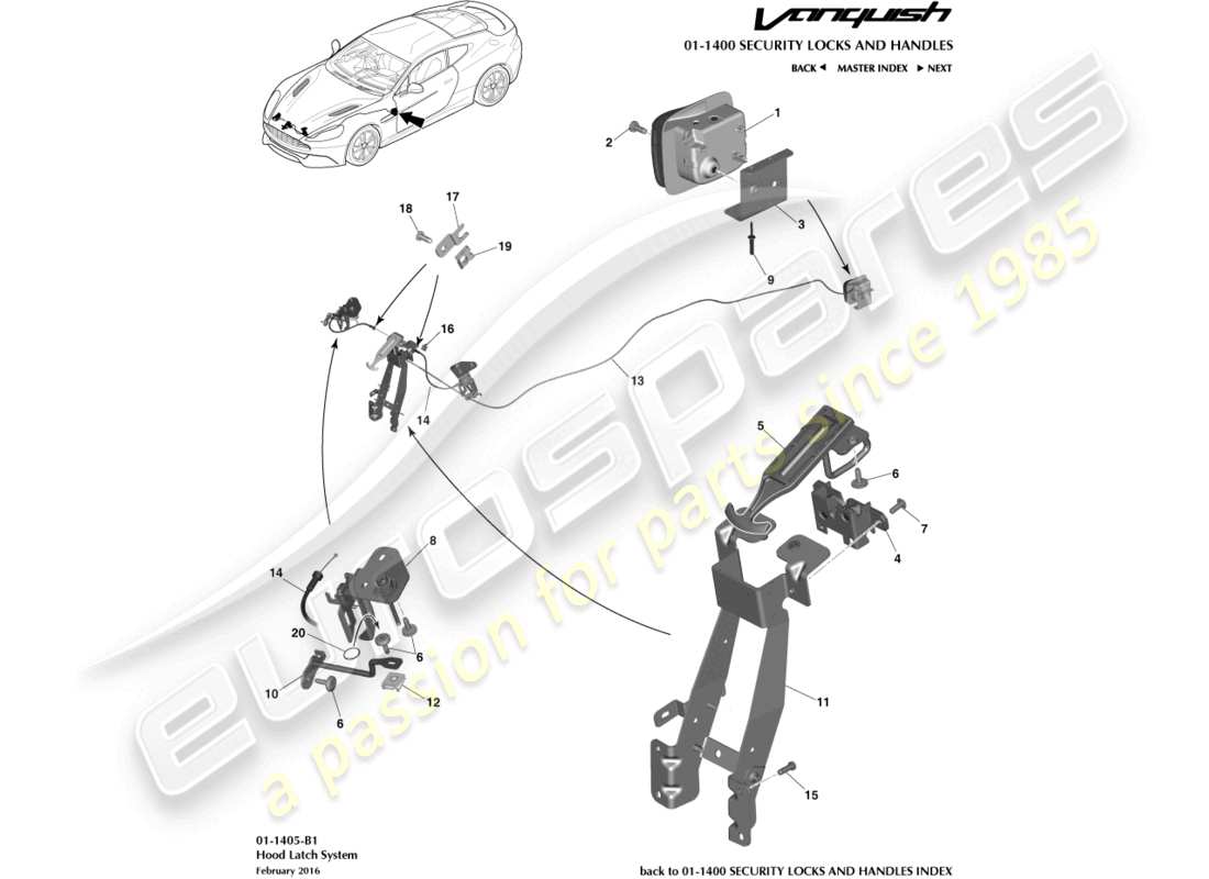 aston martin vanquish (2015) bonnet latch & actuation part diagram