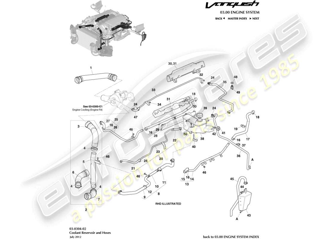 aston martin vanquish (2015) coolant reservoir & hoses part diagram