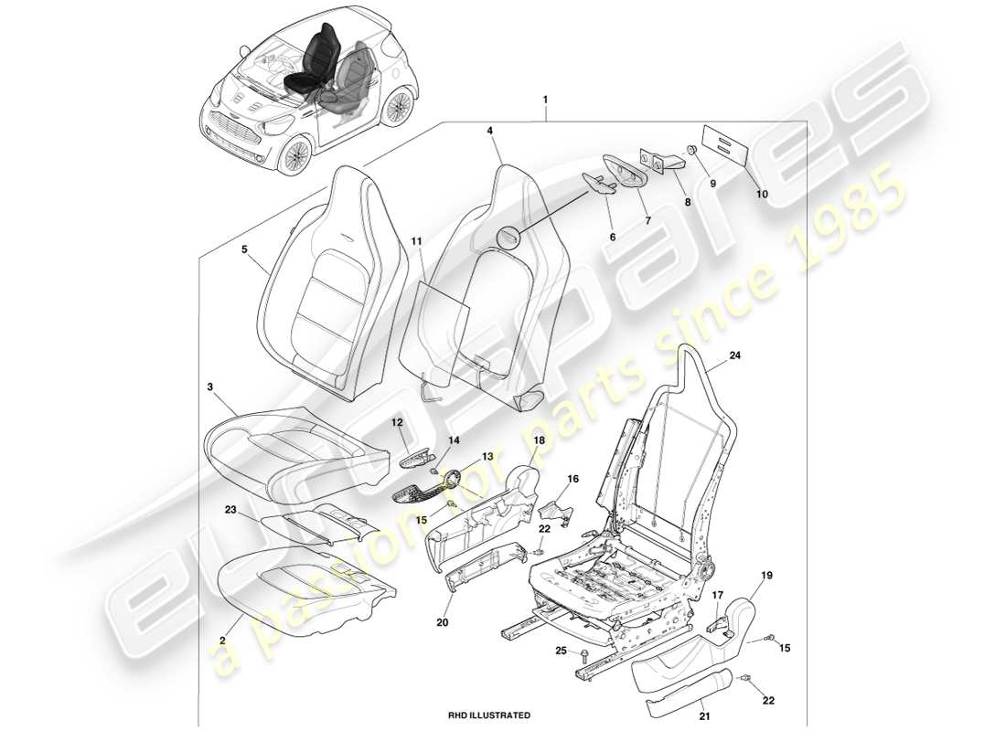 aston martin cygnet (2012) front seat, drivers part diagram