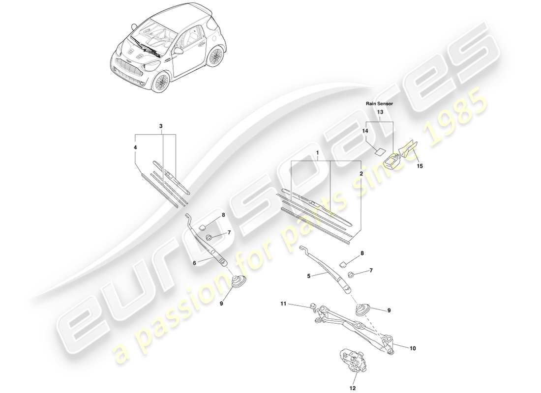 aston martin cygnet (2012) front windscreen wiper, lhd part diagram