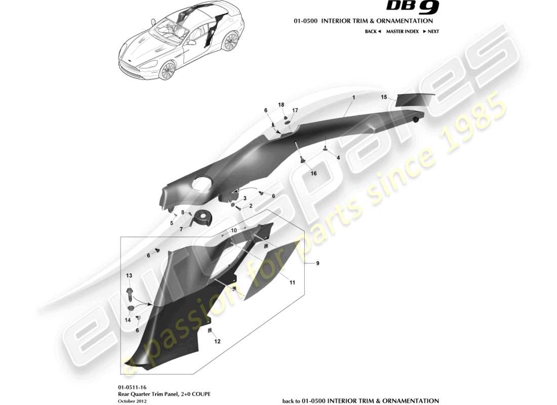 aston martin db9 (2017) rear quarter trim panel, 2+0 coupe part diagram