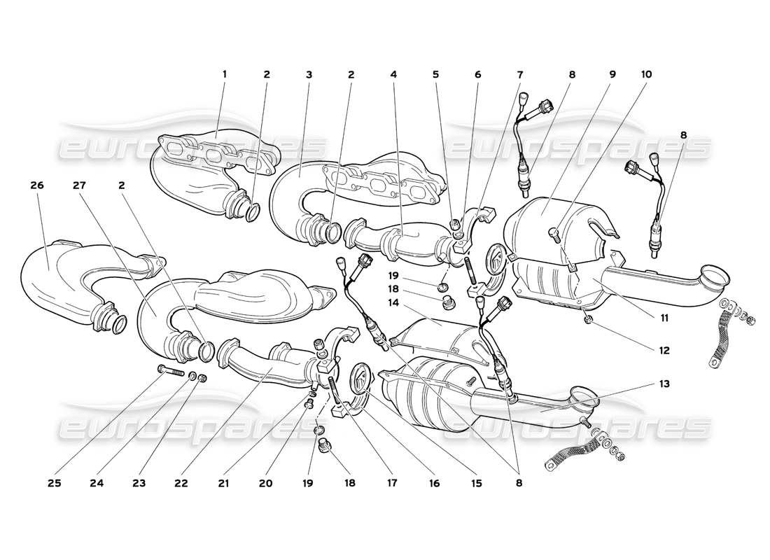 lamborghini diablo sv (1999) exhaust system (valid for usa and canada - july 1999) parts diagram