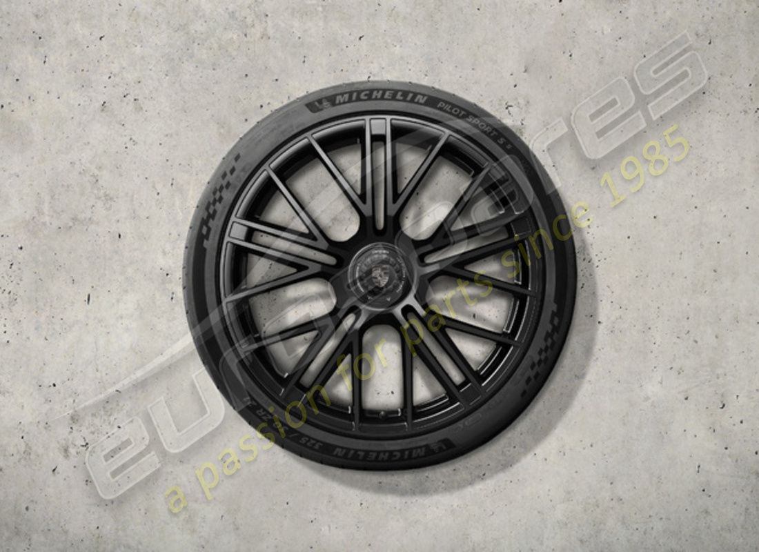 new porsche 21 inch turbo s summer wheel and tyre set, with central locking - painted in black (high-gloss). part number 976044660m (1)